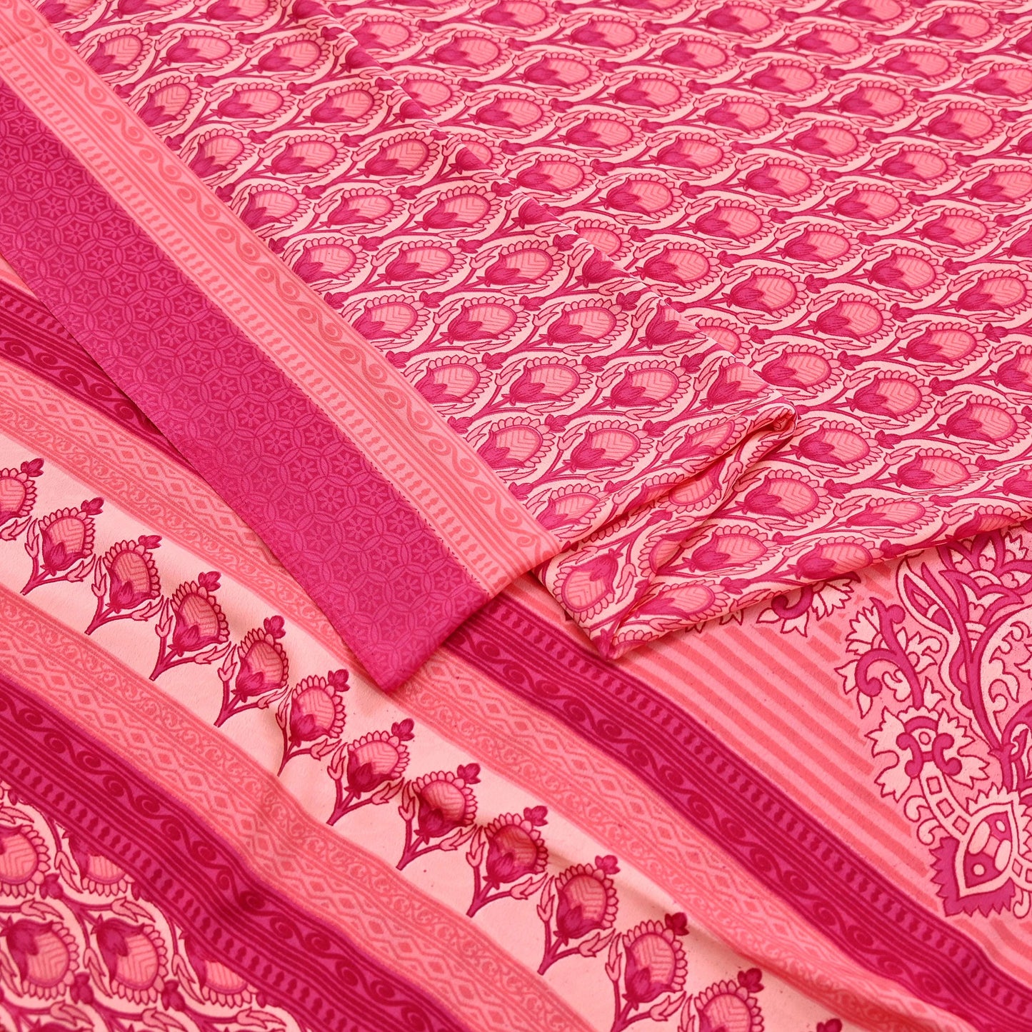 Indian Vintage Sari Peach & Pink Moss Crepe Printed Sarees 5yd Craft Fabric Sewing Floral Soft Dress making Quilting Crafting Upcycle Used