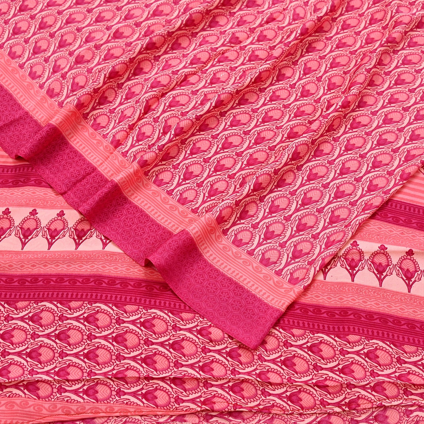 Indian Vintage Sari Peach & Pink Moss Crepe Printed Sarees 5yd Craft Fabric Sewing Floral Soft Dress making Quilting Crafting Upcycle Used