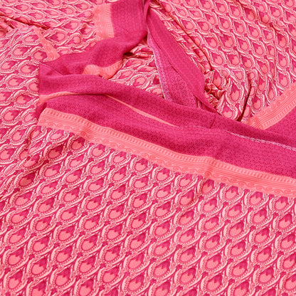 Indian Vintage Sari Peach & Pink Moss Crepe Printed Sarees 5yd Craft Fabric Sewing Floral Soft Dress making Quilting Crafting Upcycle Used
