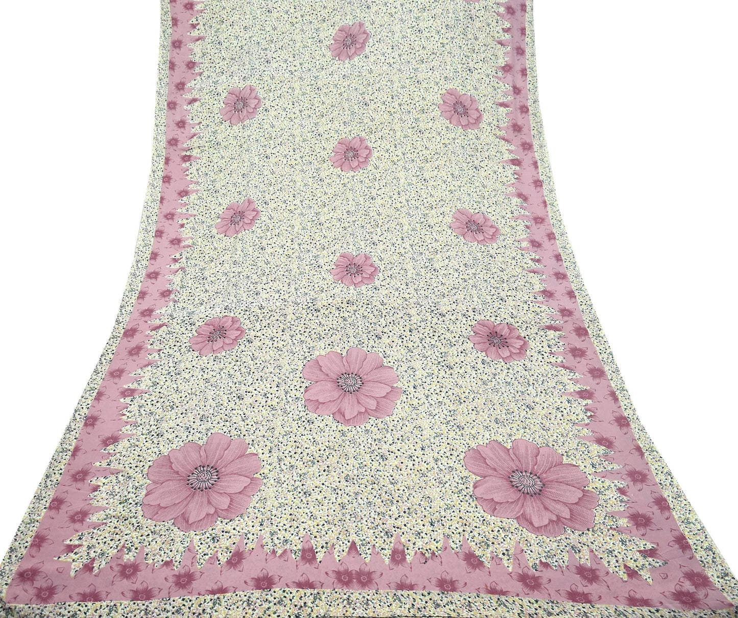 Indian Vintage Sari Ivory & Pink Moss Crepe Printed Sarees 5yd Craft Fabric Sewing Floral Soft Dress making Quilting Crafting Upcycle Used