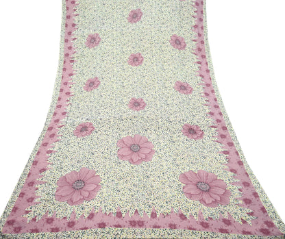 Indian Vintage Sari Ivory & Pink Moss Crepe Printed Sarees 5yd Craft Fabric Sewing Floral Soft Dress making Quilting Crafting Upcycle Used