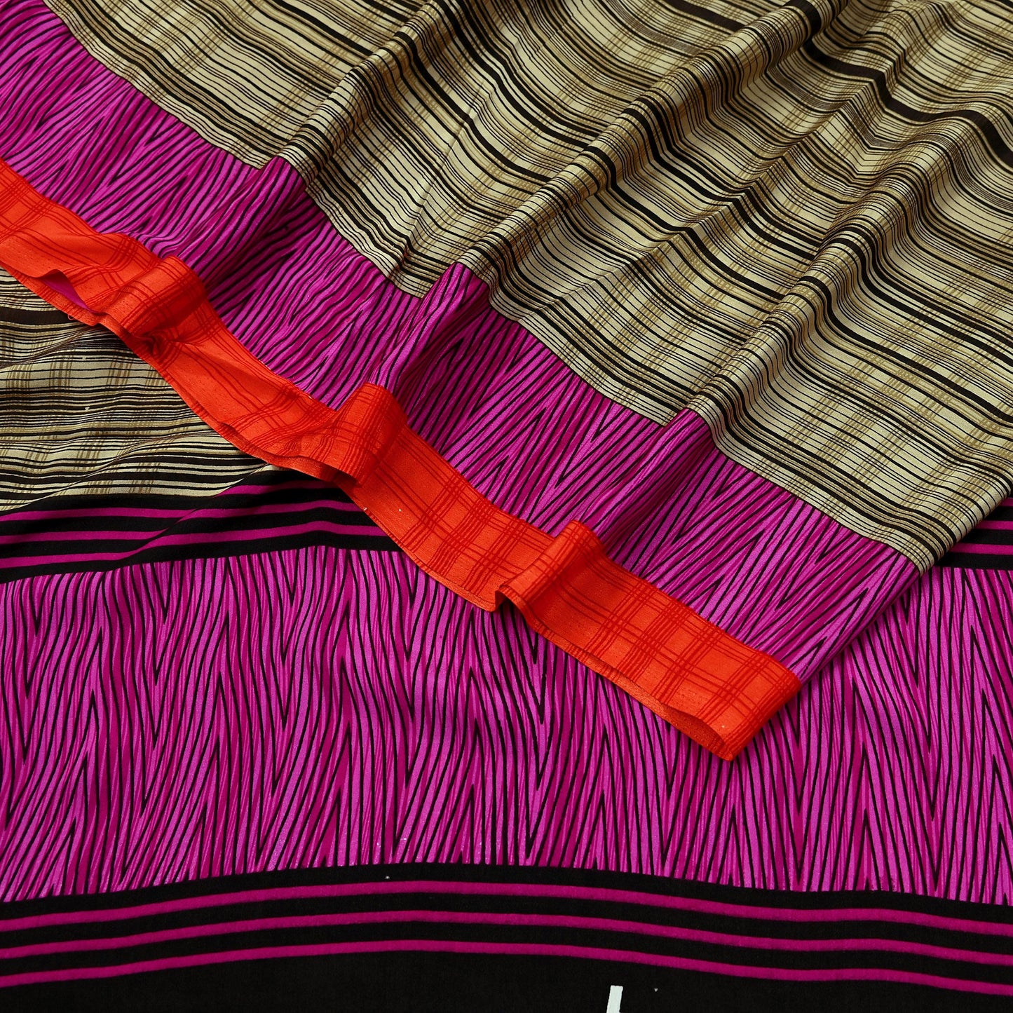 Indian Vintage Beige & Brown Saree Moss Crepe Printed Sari 5yd Sewing Stripes Soft Craft Fabric Dressmaking Quilting Crafting Upcycle