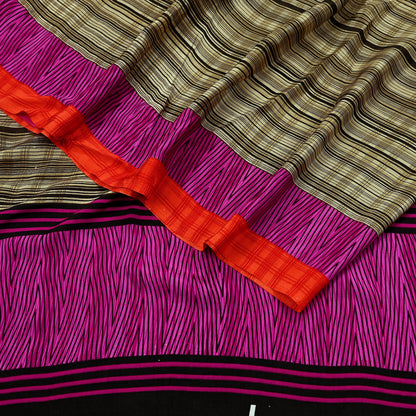Indian Vintage Beige & Brown Saree Moss Crepe Printed Sari 5yd Sewing Stripes Soft Craft Fabric Dressmaking Quilting Crafting Upcycle