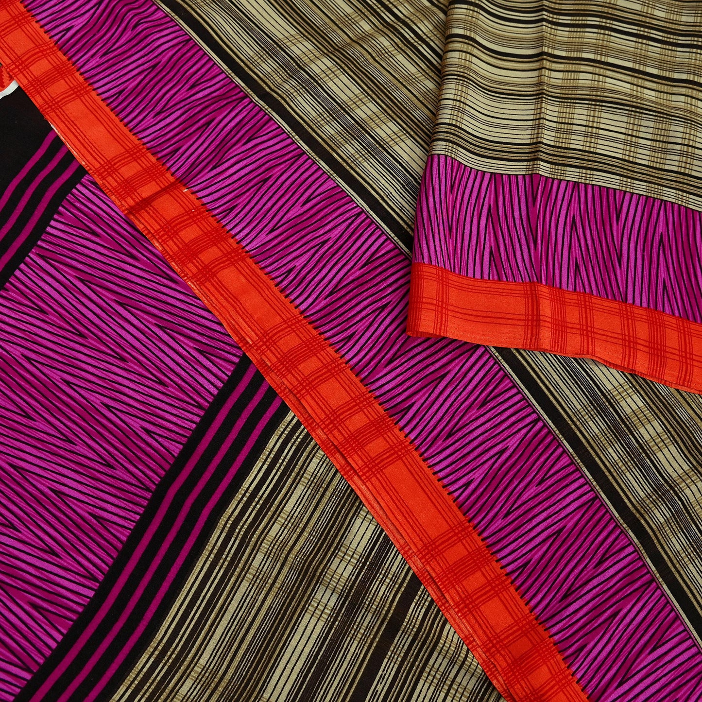 Indian Vintage Beige & Brown Saree Moss Crepe Printed Sari 5yd Sewing Stripes Soft Craft Fabric Dressmaking Quilting Crafting Upcycle