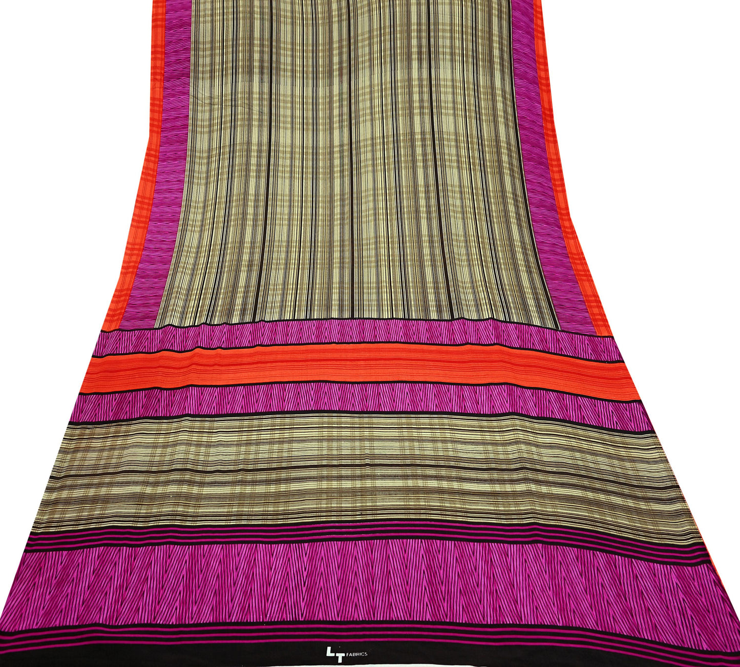 Indian Vintage Beige & Brown Saree Moss Crepe Printed Sari 5yd Sewing Stripes Soft Craft Fabric Dressmaking Quilting Crafting Upcycle