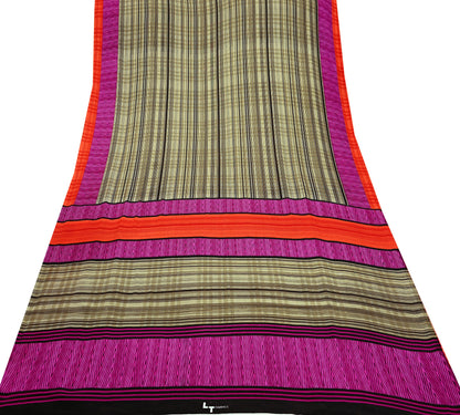 Indian Vintage Beige & Brown Saree Moss Crepe Printed Sari 5yd Sewing Stripes Soft Craft Fabric Dressmaking Quilting Crafting Upcycle