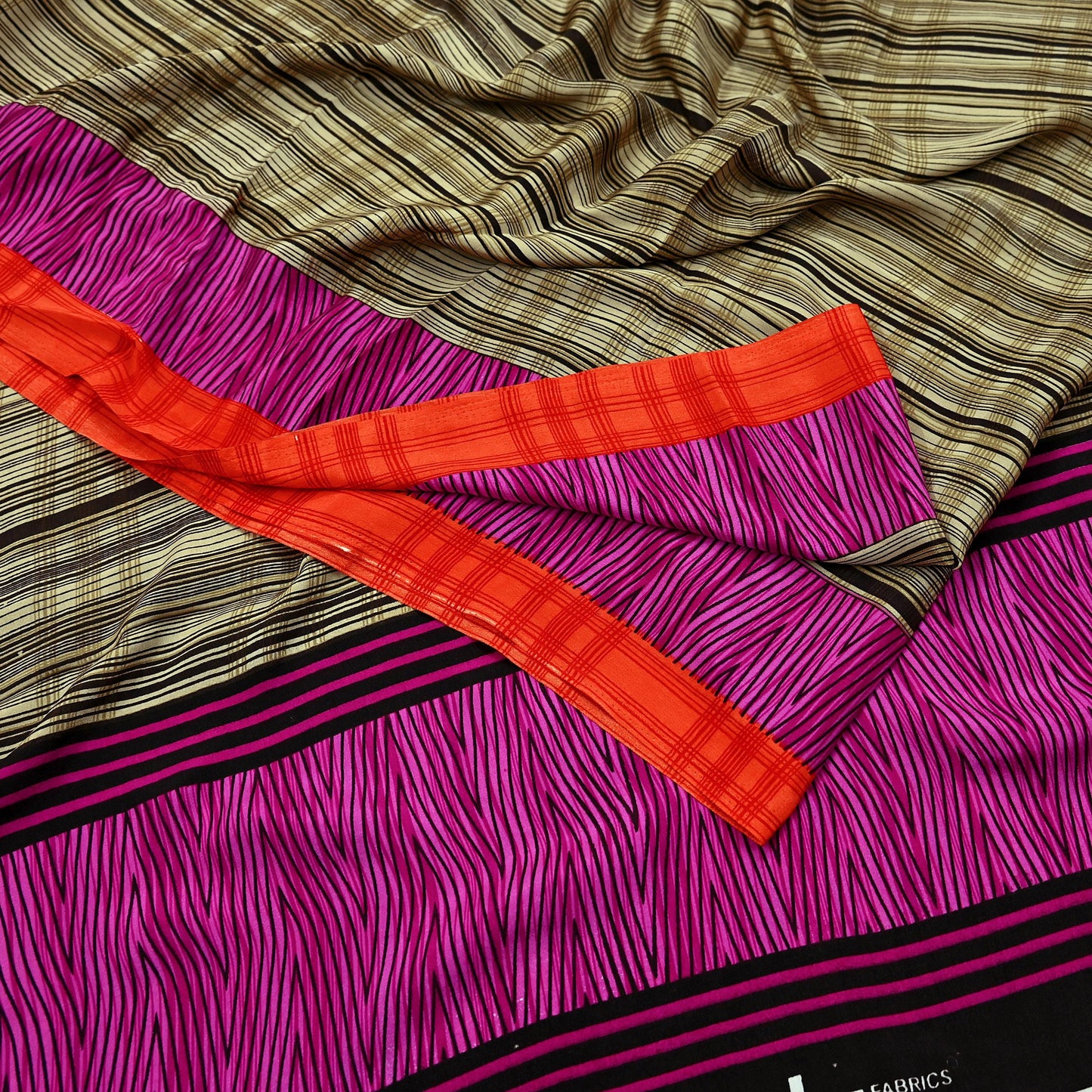 Indian Vintage Beige & Brown Saree Moss Crepe Printed Sari 5yd Sewing Stripes Soft Craft Fabric Dressmaking Quilting Crafting Upcycle