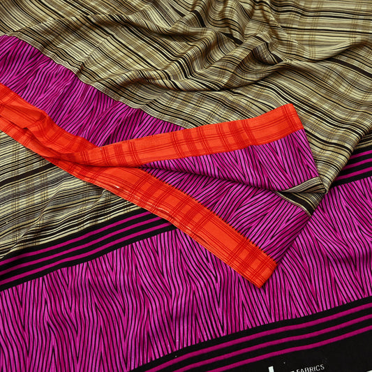 Indian Vintage Beige & Brown Saree Moss Crepe Printed Sari 5yd Sewing Stripes Soft Craft Fabric Dressmaking Quilting Crafting Upcycle