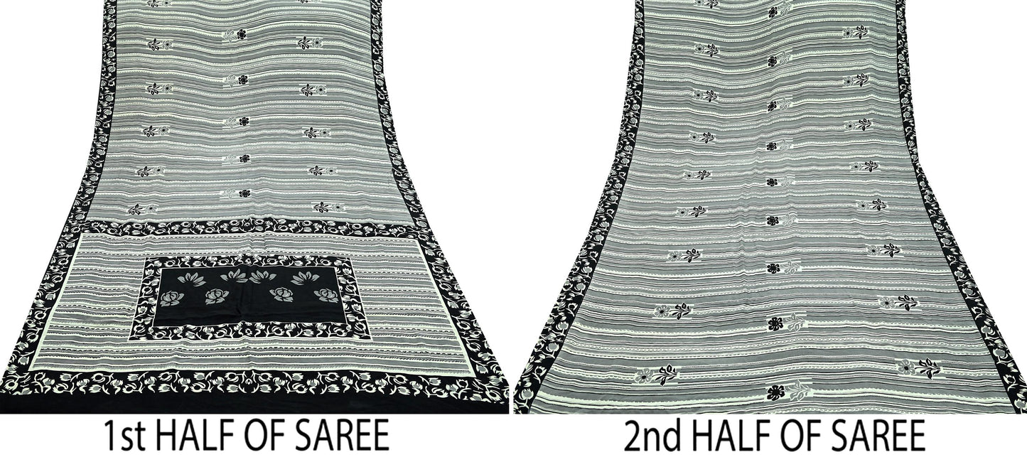 Indian Vintage Sari Ivory & Black Pure Crepe Silk Printed Saree 5yd Sewing Floral Soft Craft Fabric Wrap Dress Making Crafting Quilting