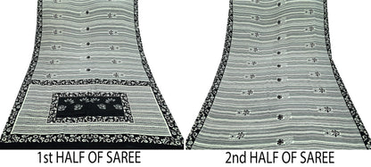 Indian Vintage Sari Ivory & Black Pure Crepe Silk Printed Saree 5yd Sewing Floral Soft Craft Fabric Wrap Dress Making Crafting Quilting
