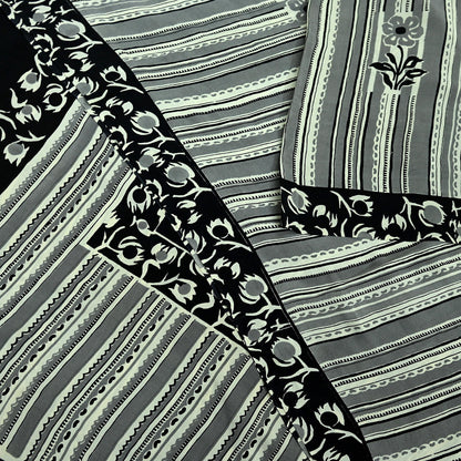Indian Vintage Sari Ivory & Black Pure Crepe Silk Printed Saree 5yd Sewing Floral Soft Craft Fabric Wrap Dress Making Crafting Quilting
