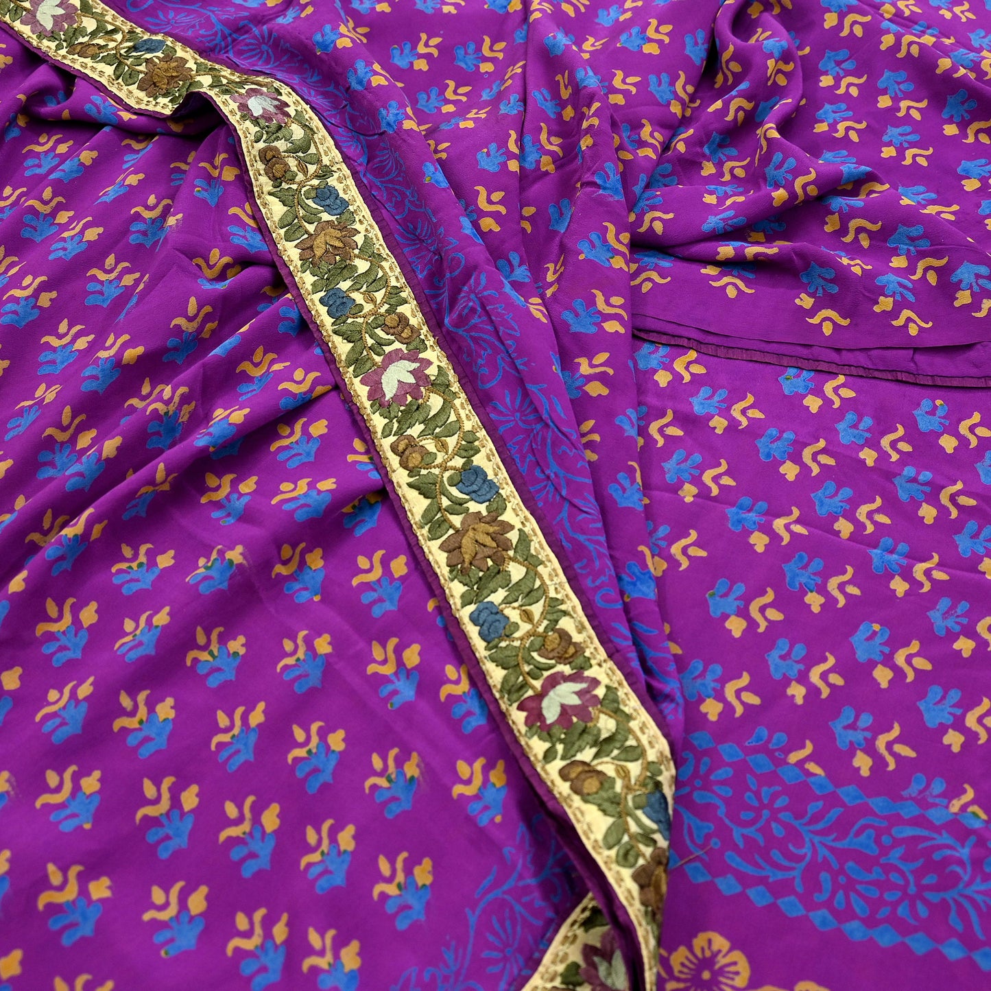 Indian Vintage Sari Purple Pure Crepe Silk Block Printed Saree 5yd Sewing Floral Craft Fabric Wrap Dress Making Quilting Crafting