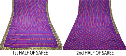 Indian Vintage Sari Purple Pure Crepe Silk Block Printed Saree 5yd Sewing Floral Craft Fabric Wrap Dress Making Quilting Crafting