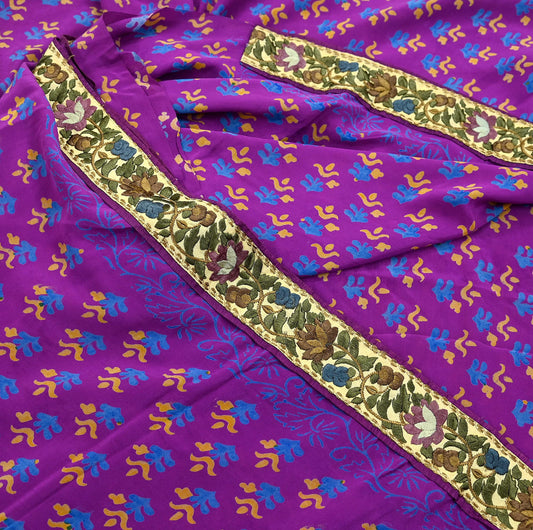 Indian Vintage Sari Purple Pure Crepe Silk Block Printed Saree 5yd Sewing Floral Craft Fabric Wrap Dress Making Quilting Crafting