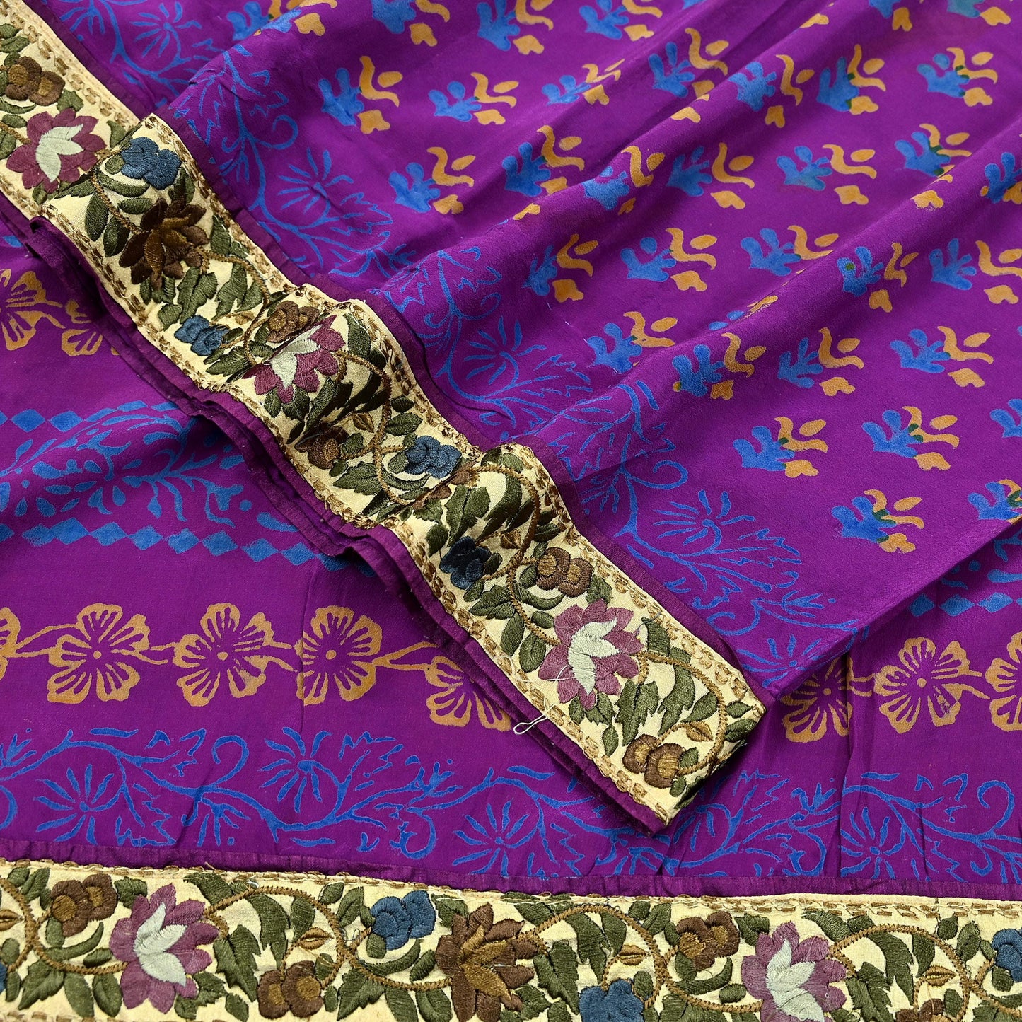 Indian Vintage Sari Purple Pure Crepe Silk Block Printed Saree 5yd Sewing Floral Craft Fabric Wrap Dress Making Quilting Crafting