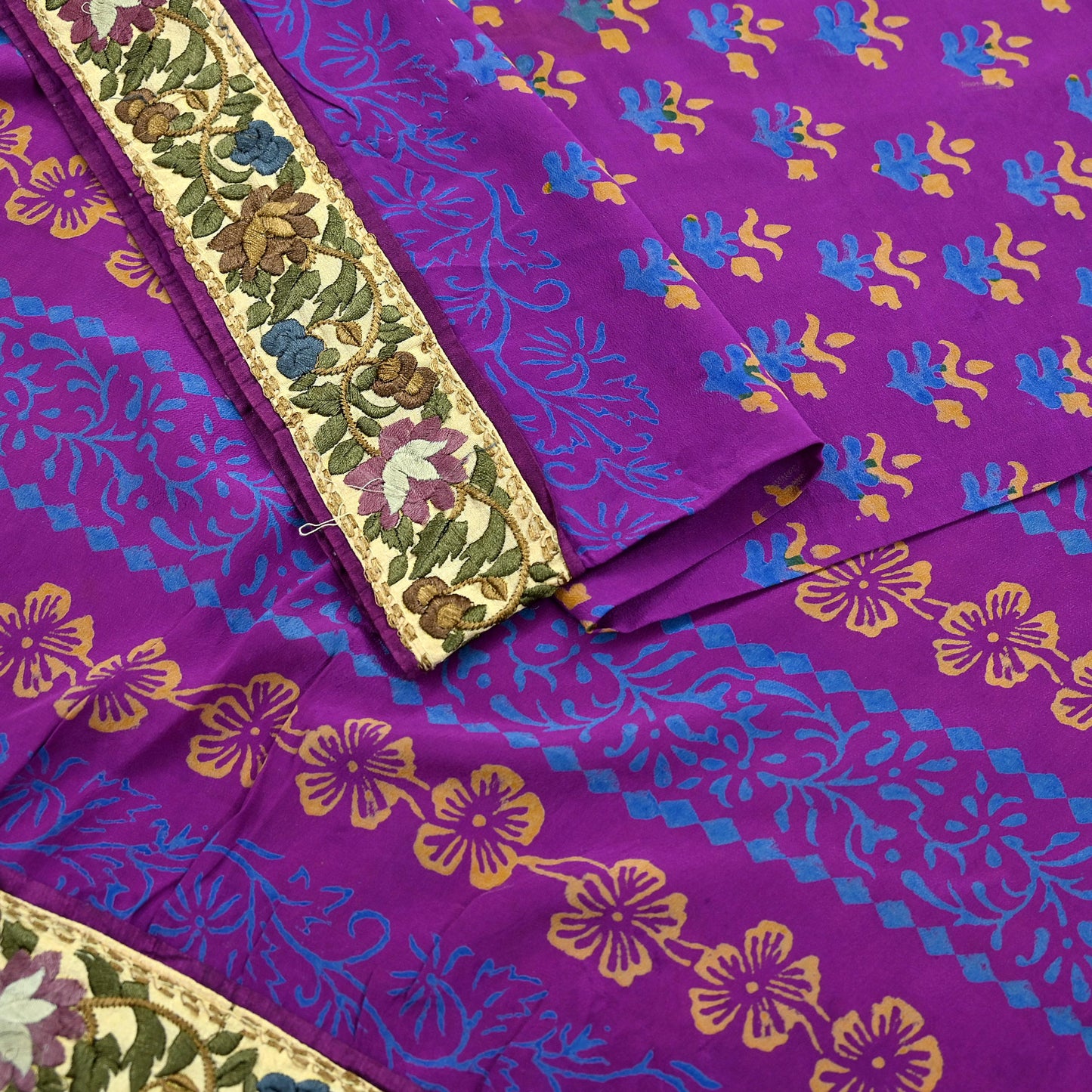 Indian Vintage Sari Purple Pure Crepe Silk Block Printed Saree 5yd Sewing Floral Craft Fabric Wrap Dress Making Quilting Crafting