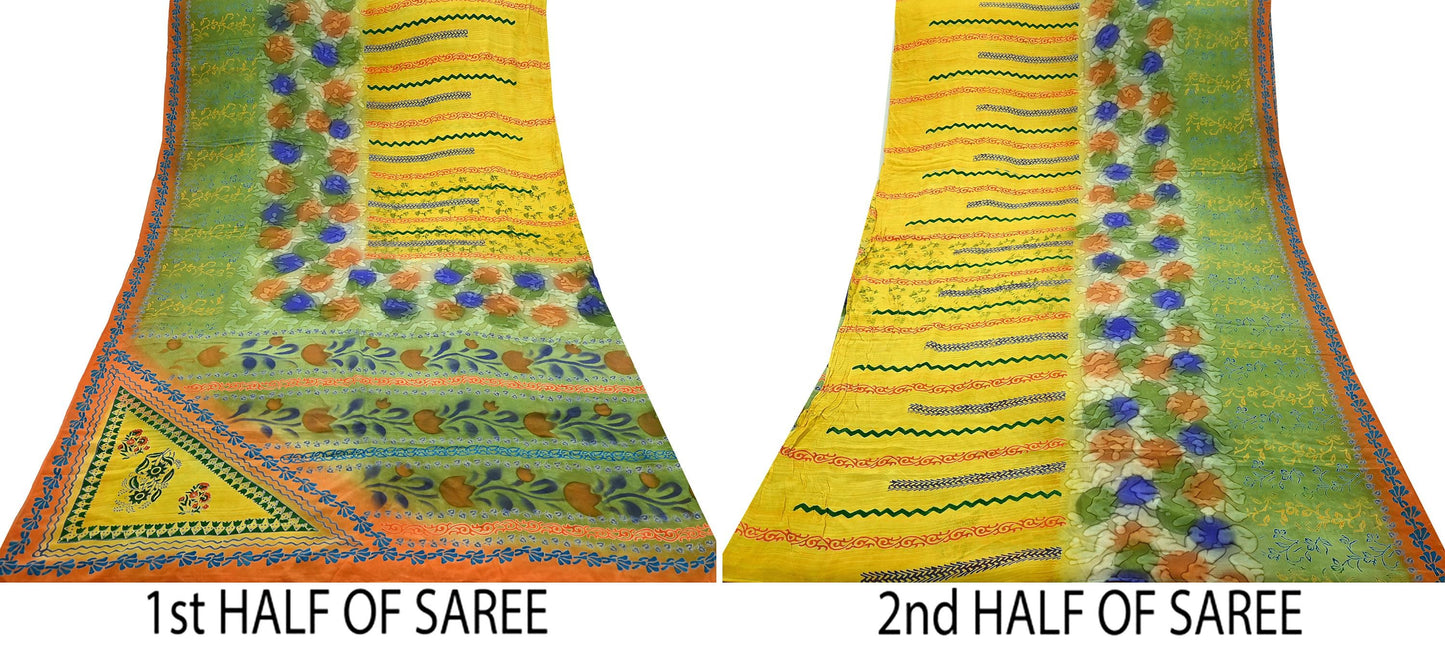 Indian Vintage Sari Yellow &Green Pure Crepe Silk Printed Sarees 5yd Sewing Floral Soft Craft Fabric Wrap Dress making Crafting Quilting