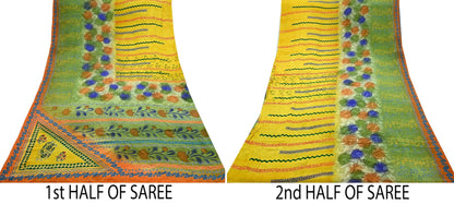 Indian Vintage Sari Yellow &Green Pure Crepe Silk Printed Sarees 5yd Sewing Floral Soft Craft Fabric Wrap Dress making Crafting Quilting