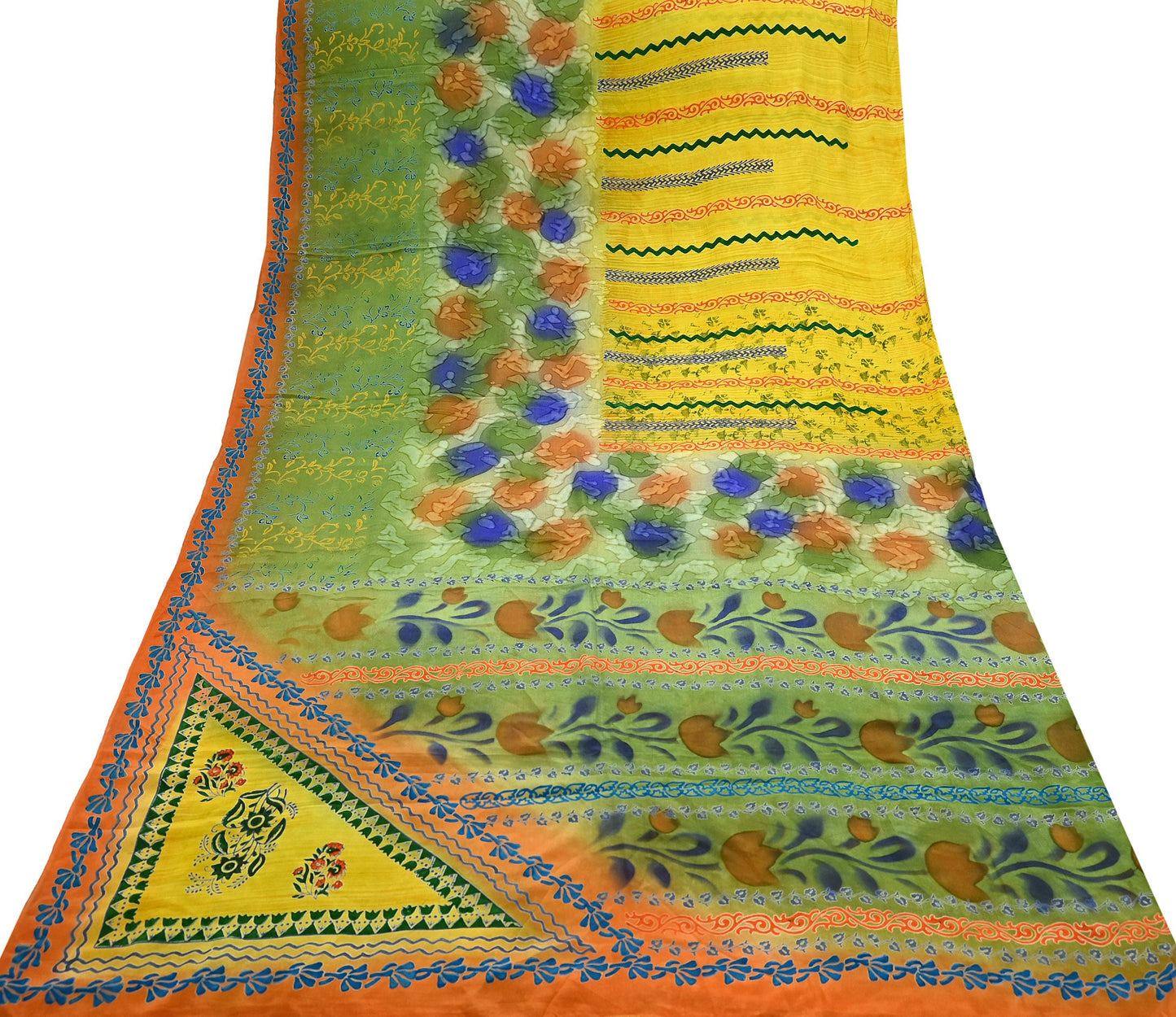 Indian Vintage Sari Yellow &Green Pure Crepe Silk Printed Sarees 5yd Sewing Floral Soft Craft Fabric Wrap Dress making Crafting Quilting