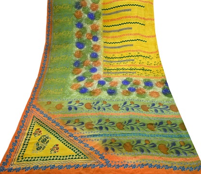 Indian Vintage Sari Yellow &Green Pure Crepe Silk Printed Sarees 5yd Sewing Floral Soft Craft Fabric Wrap Dress making Crafting Quilting