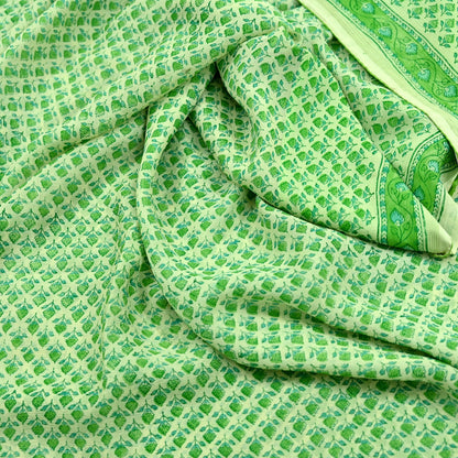 Indian Vintage Sari Green & Ivory Pure Chiffon Silk Printed Sarees 5Yd Craft Fabric Sewing Soft Light Sari Dress Making Upcycle Quilting