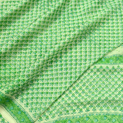 Indian Vintage Sari Green & Ivory Pure Chiffon Silk Printed Sarees 5Yd Craft Fabric Sewing Soft Light Sari Dress Making Upcycle Quilting