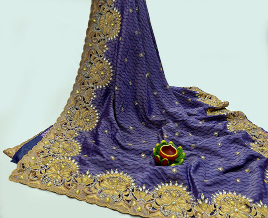 Indian Pre-Owned Sari Purple & Blue Pure silk Hand Embroidered Designer Manish Malhotra Sarees Ethnic Zardozi/Dabka Zari Wedding Saree
