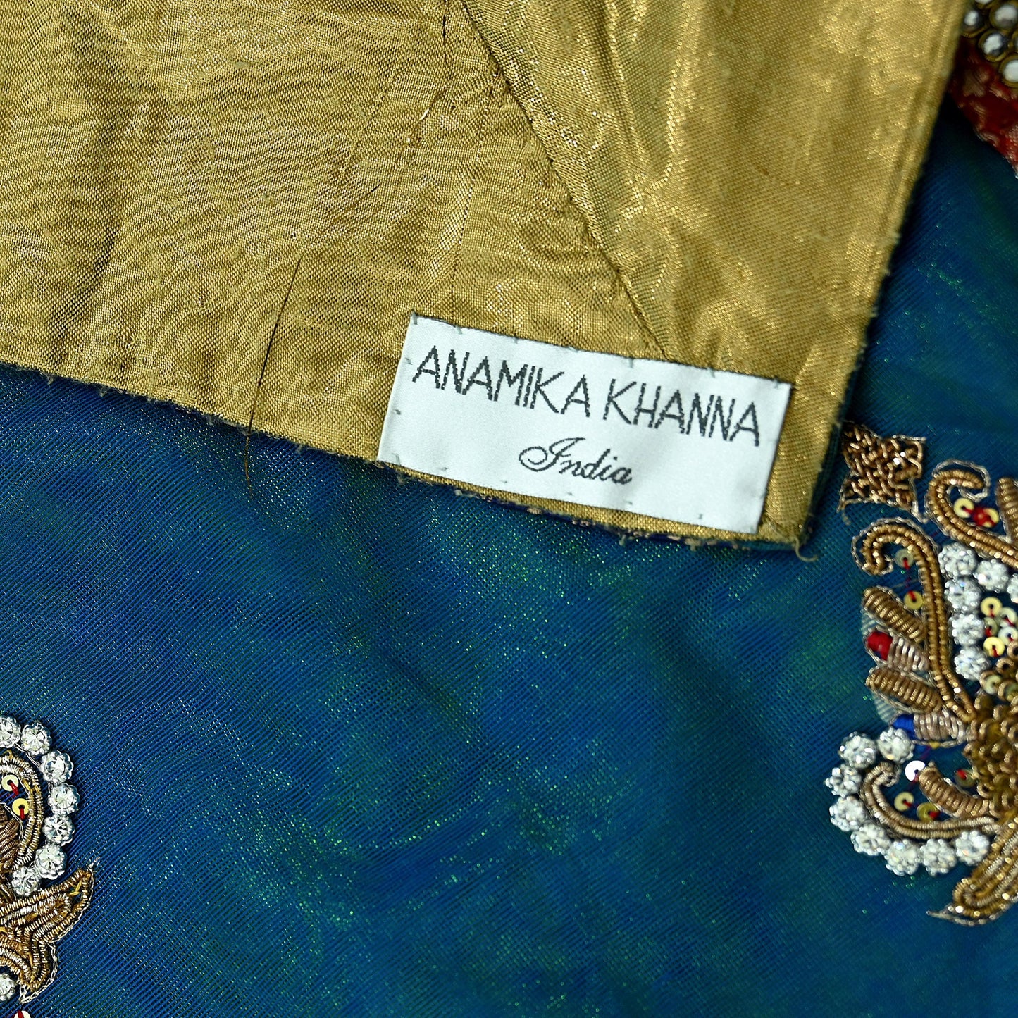 Indian Pre-owned Sari Blue & Green Net/Mesh Hand Embroidered Anamika Khanna Designer Sarees Ethnic 6Yd Zardozi/Dabka Zari Wedding Sarees