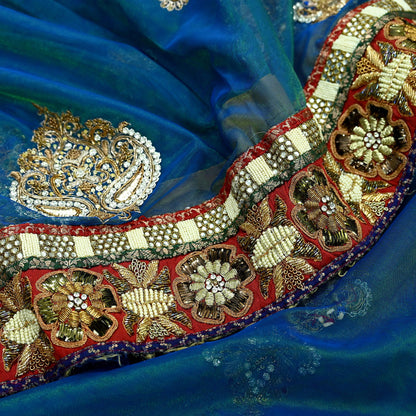 Indian Pre-owned Sari Blue & Green Net/Mesh Hand Embroidered Anamika Khanna Designer Sarees Ethnic 6Yd Zardozi/Dabka Zari Wedding Sarees