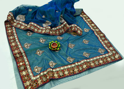 Indian Pre-owned Sari Blue & Green Net/Mesh Hand Embroidered Anamika Khanna Designer Sarees Ethnic 6Yd Zardozi/Dabka Zari Wedding Sarees
