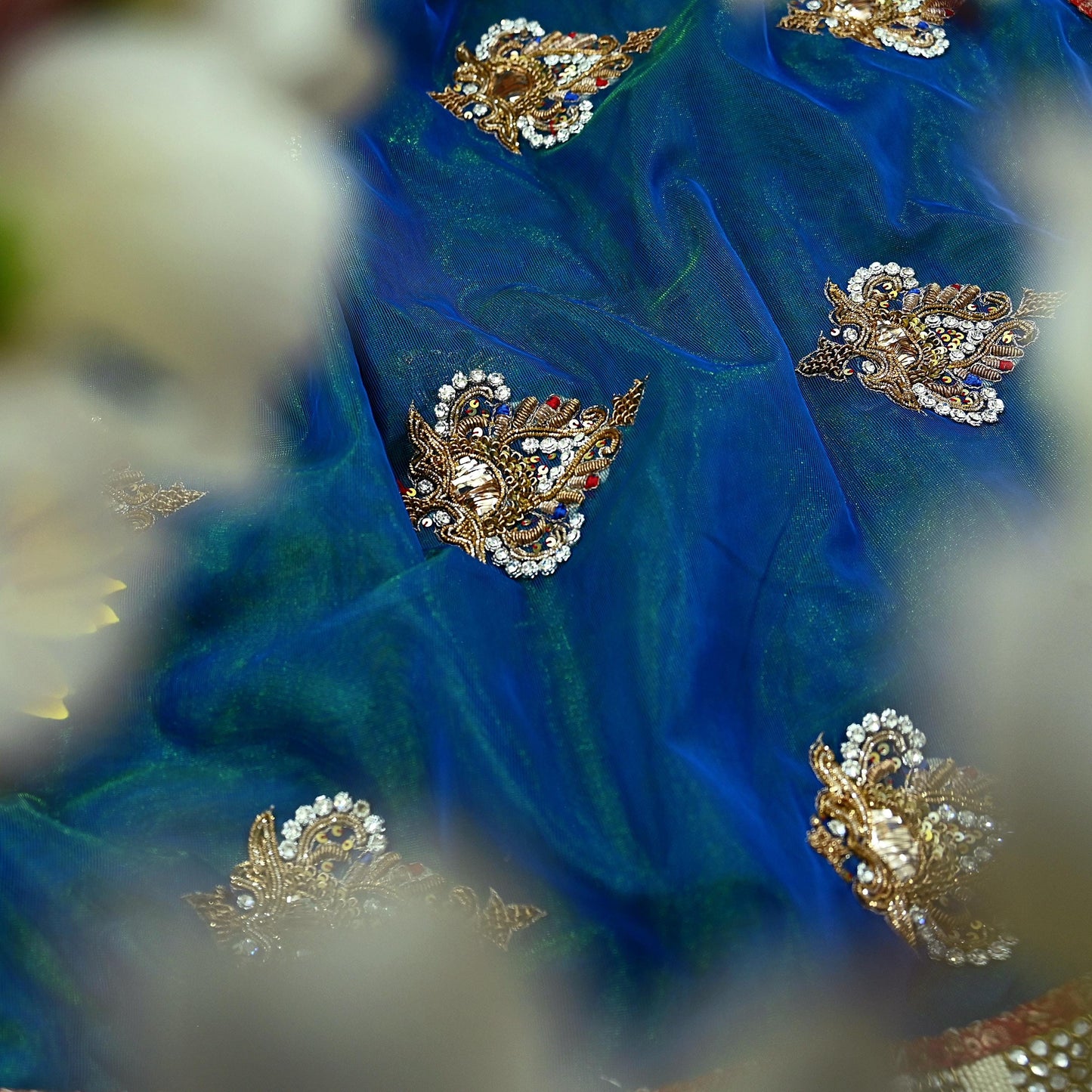 Indian Pre-owned Sari Blue & Green Net/Mesh Hand Embroidered Anamika Khanna Designer Sarees Ethnic 6Yd Zardozi/Dabka Zari Wedding Sarees