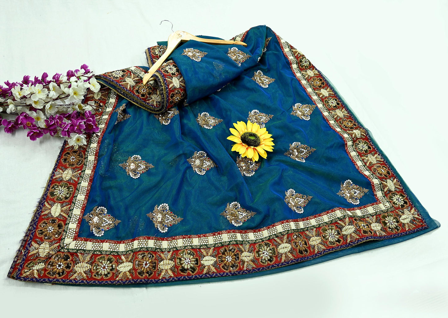 Indian Pre-owned Sari Blue & Green Net/Mesh Hand Embroidered Anamika Khanna Designer Sarees Ethnic 6Yd Zardozi/Dabka Zari Wedding Sarees