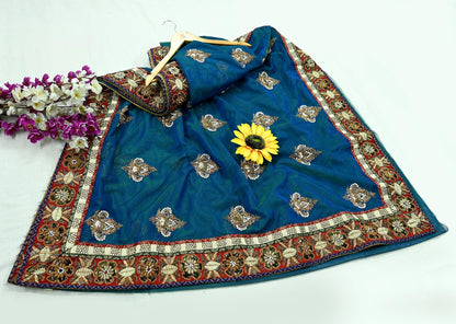 Indian Pre-owned Sari Blue & Green Net/Mesh Hand Embroidered Anamika Khanna Designer Sarees Ethnic 6Yd Zardozi/Dabka Zari Wedding Sarees