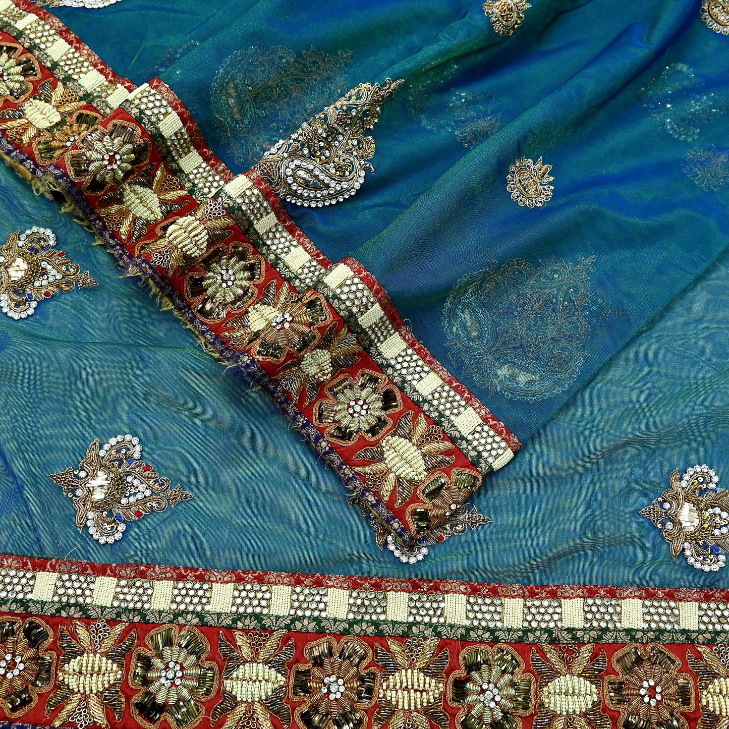 Indian Pre-owned Sari Blue & Green Net/Mesh Hand Embroidered Anamika Khanna Designer Sarees Ethnic 6Yd Zardozi/Dabka Zari Wedding Sarees