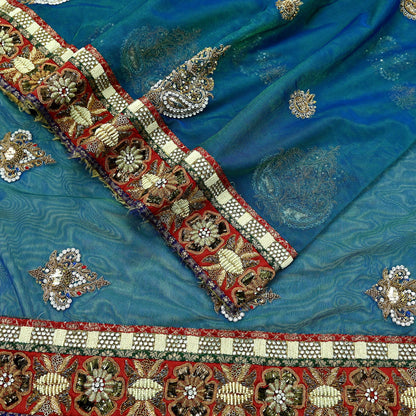 Indian Pre-owned Sari Blue & Green Net/Mesh Hand Embroidered Anamika Khanna Designer Sarees Ethnic 6Yd Zardozi/Dabka Zari Wedding Sarees