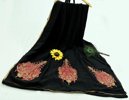 Indian Vintage Sari Black Pure Crepe Silk Pre-owned Hand Embroidered Ritu Kumar Designer Sarees Fabric 5Yd Soft Ethnic Bollywood Party sari