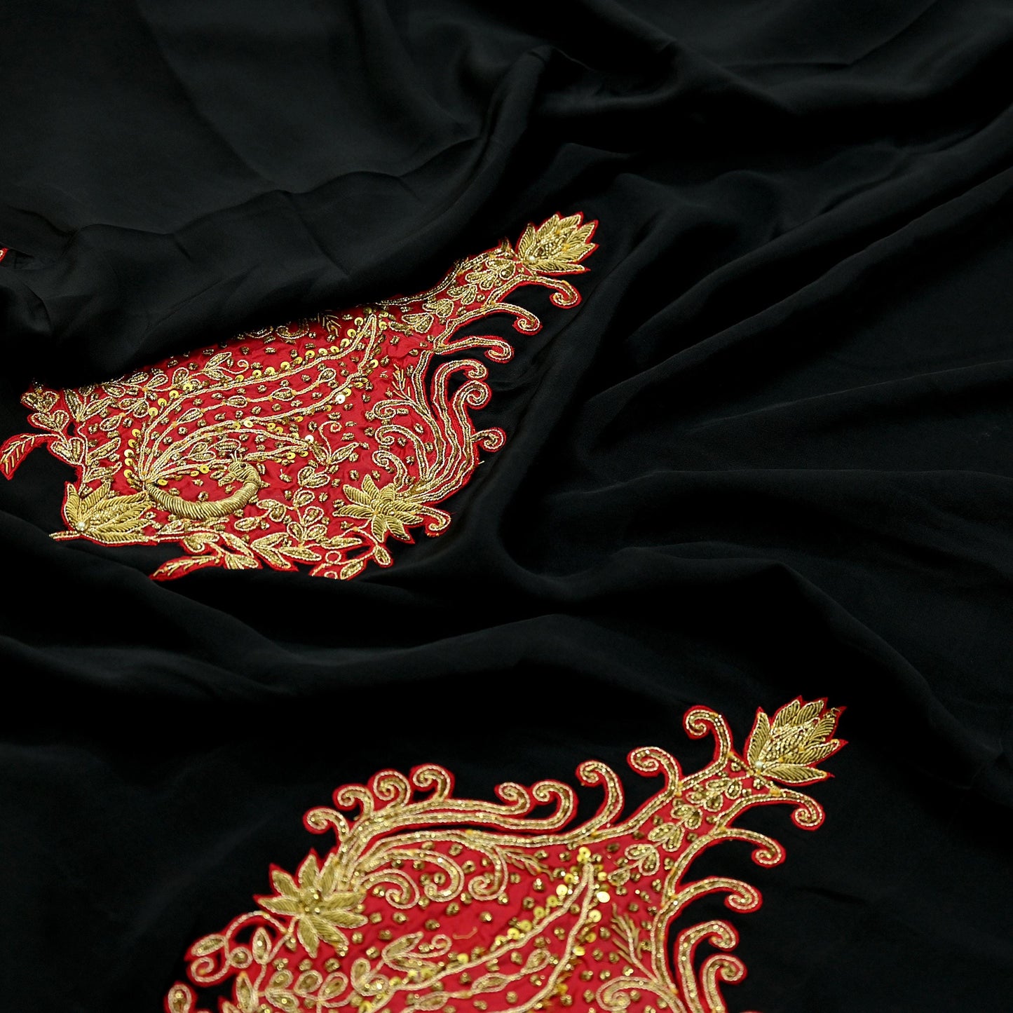 Indian Vintage Sari Black Pure Crepe Silk Pre-owned Hand Embroidered Ritu Kumar Designer Sarees Fabric 5Yd Soft Ethnic Bollywood Party sari