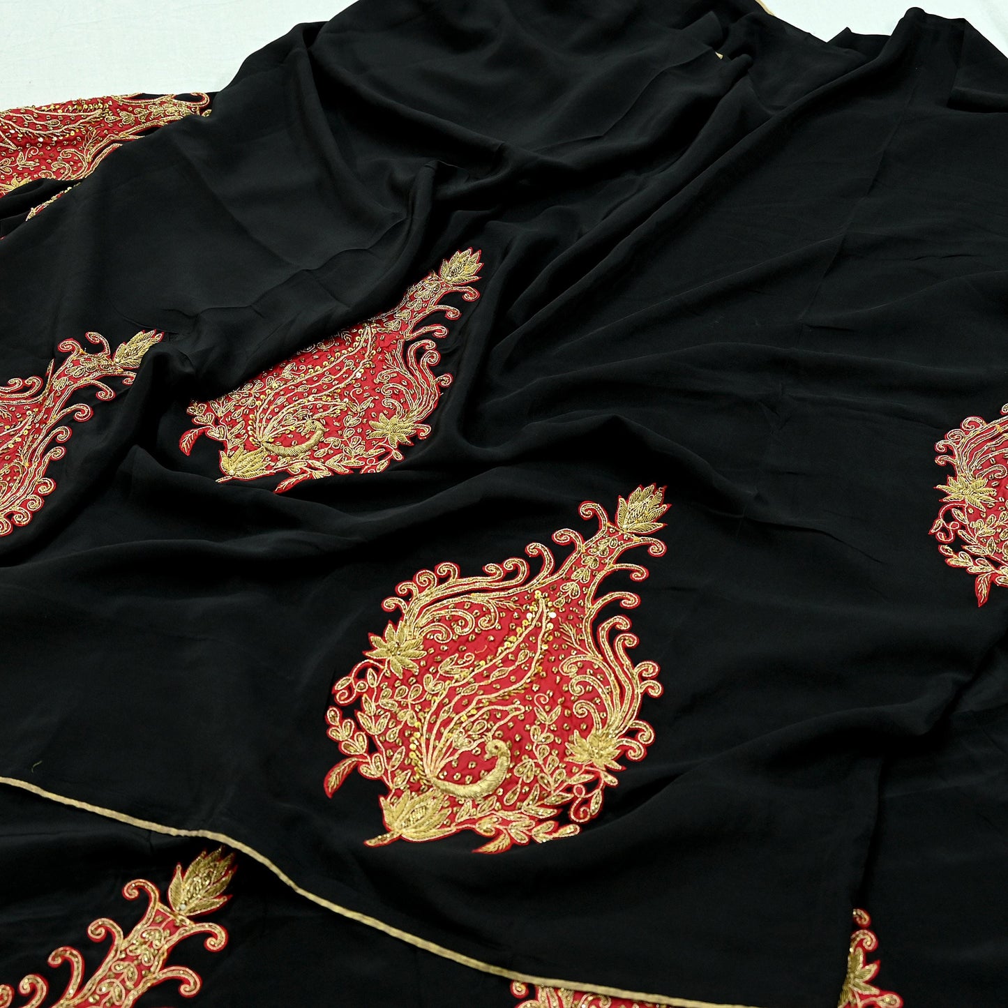 Indian Vintage Sari Black Pure Crepe Silk Pre-owned Hand Embroidered Ritu Kumar Designer Sarees Fabric 5Yd Soft Ethnic Bollywood Party sari