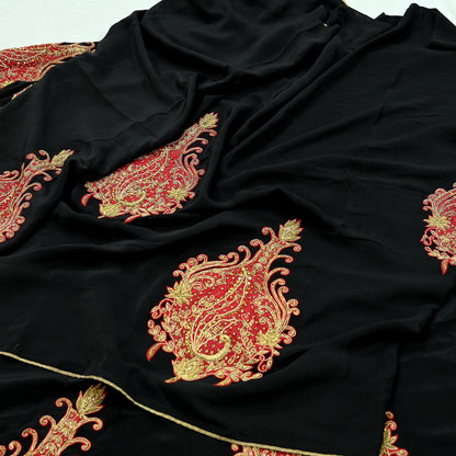 Indian Vintage Sari Black Pure Crepe Silk Pre-owned Hand Embroidered Ritu Kumar Designer Sarees Fabric 5Yd Soft Ethnic Bollywood Party sari
