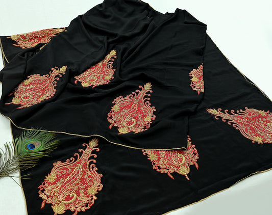Indian Vintage Sari Black Pure Crepe Silk Pre-owned Hand Embroidered Ritu Kumar Designer Sarees Fabric 5Yd Soft Ethnic Bollywood Party sari