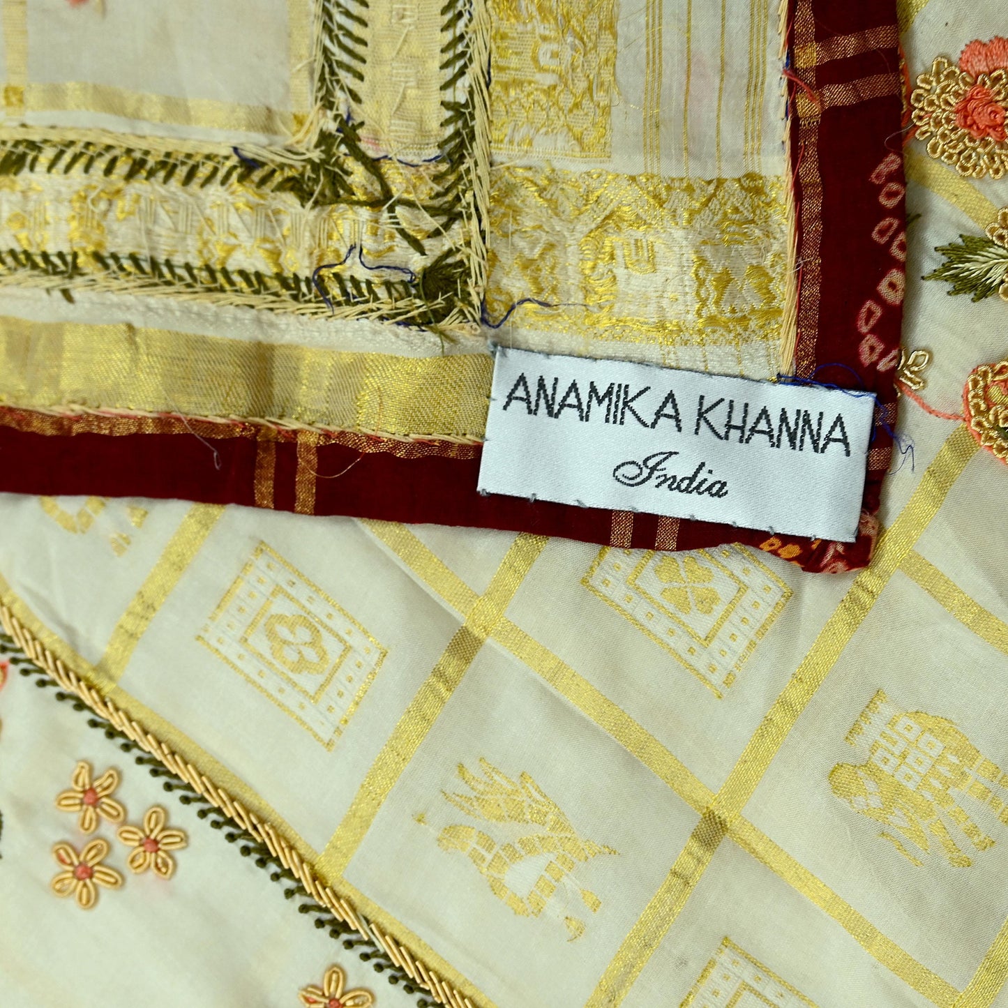 Indian Pre-owned Sari Cream Pure Silk Hand Embroidered Anamika Khanna Designer Sarees Ethnic 6Yd Zardozi/Dabka Zari Wedding Sarees