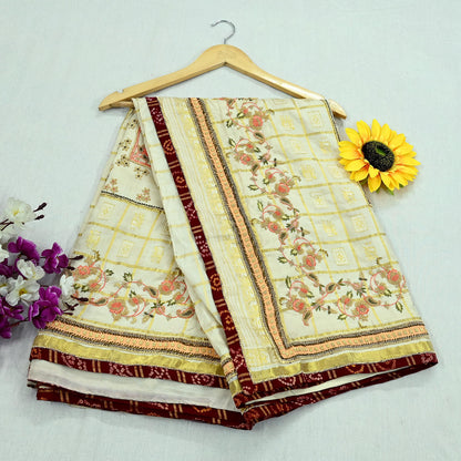 Indian Pre-owned Sari Cream Pure Silk Hand Embroidered Anamika Khanna Designer Sarees Ethnic 6Yd Zardozi/Dabka Zari Wedding Sarees