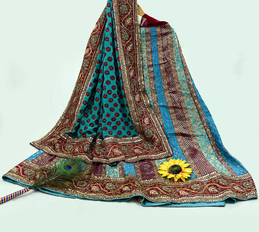 Indian Pre-Owned Sari Blue Pure Georgette Silk Hand Embroidered Designer Anamika Khanna Lehenga Sarees Ethnic Zardozi/Dabka Wedding Sarees