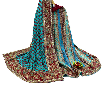 Indian Pre-Owned Sari Blue Pure Georgette Silk Hand Embroidered Designer Anamika Khanna Lehenga Sarees Ethnic Zardozi/Dabka Wedding Sarees