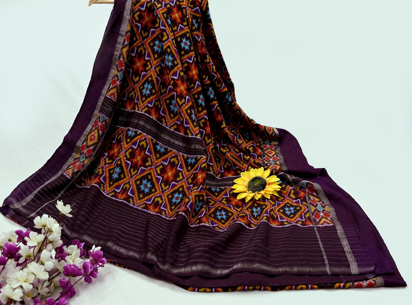 Indian Antique Vintage Coffee Brown Sari Hand Woven Double Ikat Patola Sarees 100% Pure Silk Craft Fabric 5Yd Dress Making Sewing