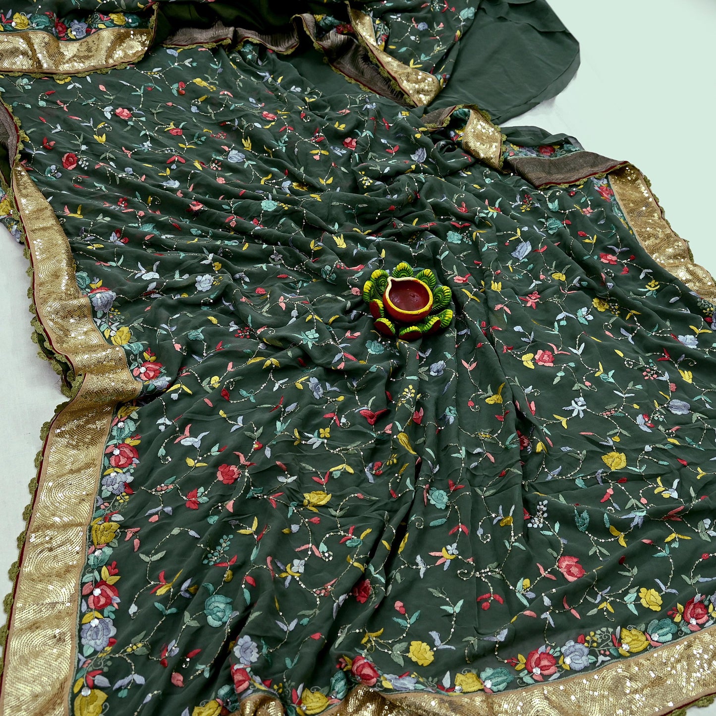 Indian Vintage Heavy Sari Green Pure Georgette Silk Hand Embroidered Parsi Gara Sarees Craft Fabric 5Yd Sewing Dress making Wedding Crafting