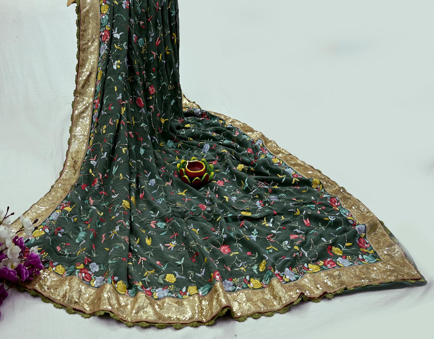 Indian Vintage Heavy Sari Green Pure Georgette Silk Hand Embroidered Parsi Gara Sarees Craft Fabric 5Yd Sewing Dress making Wedding Crafting
