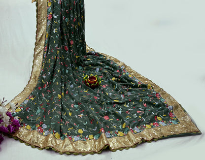 Indian Vintage Heavy Sari Green Pure Georgette Silk Hand Embroidered Parsi Gara Sarees Craft Fabric 5Yd Sewing Dress making Wedding Crafting