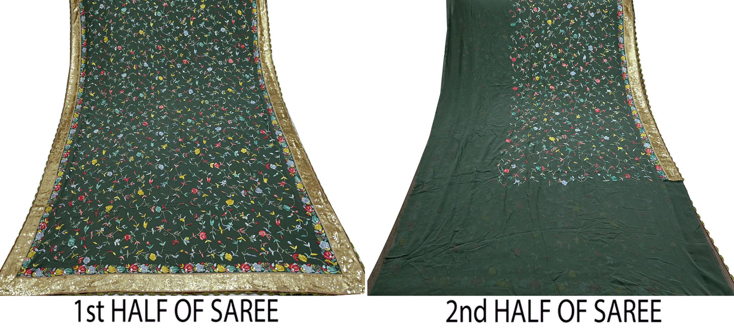 Indian Vintage Heavy Sari Green Pure Georgette Silk Hand Embroidered Parsi Gara Sarees Craft Fabric 5Yd Sewing Dress making Wedding Crafting