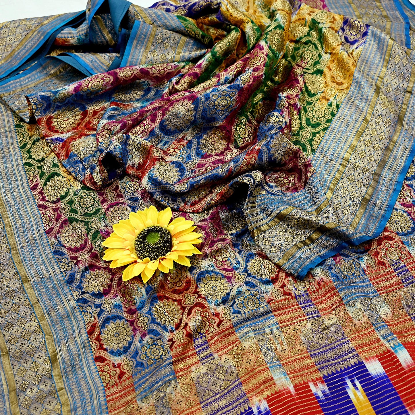 Indian Antique Vintage Heavy Wedding Sari Multi Pure Satin Silk Hand Woven Banarasi Sarees Zari 5Yd Pre-owned